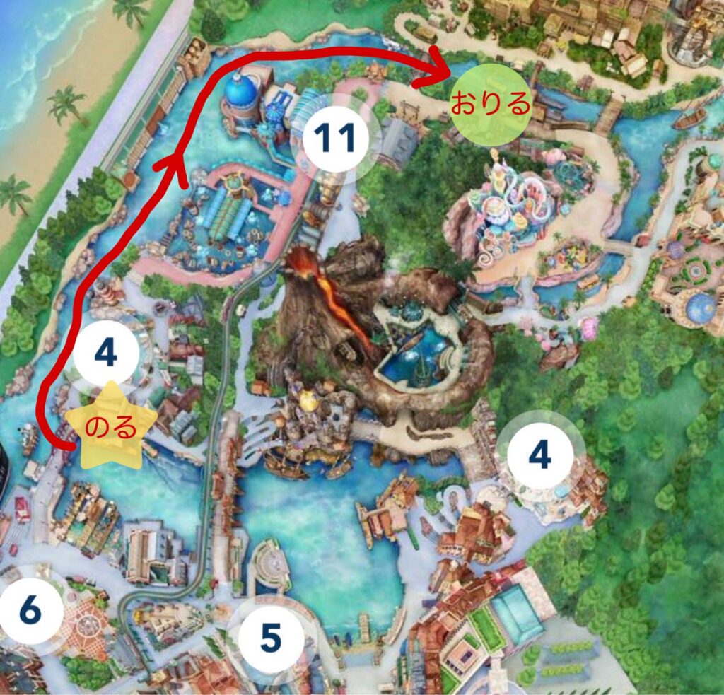 トランジットスチーマーラインのルート（アメフロ→ロスリバ）水上ハーバーショーの時間帯の特別ルート