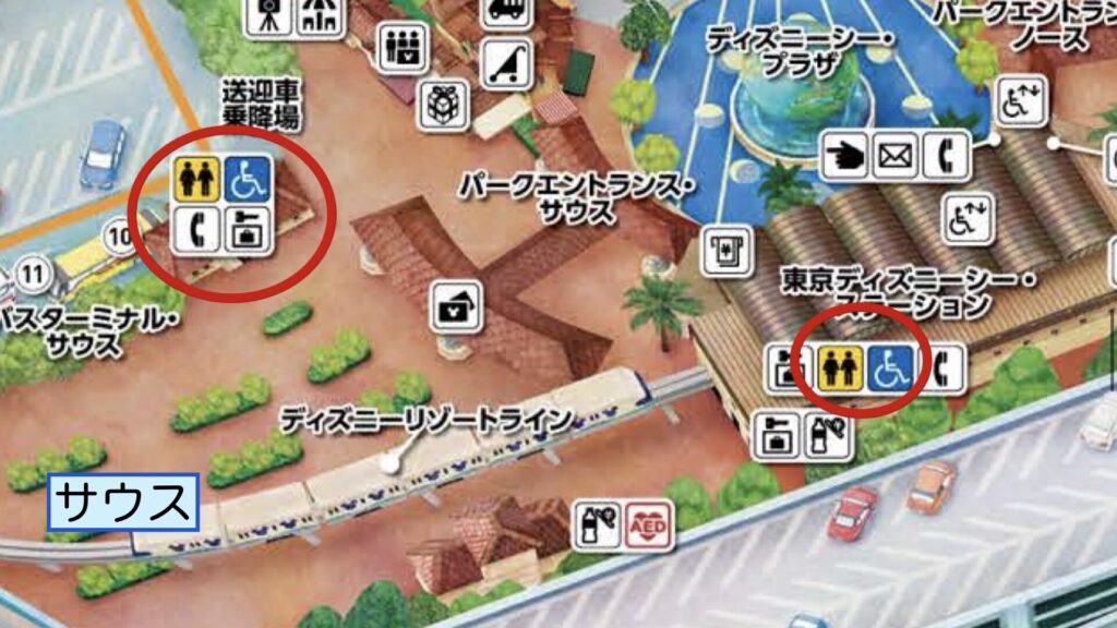 ディズニーシーのサウスゲート側のトイレの位置