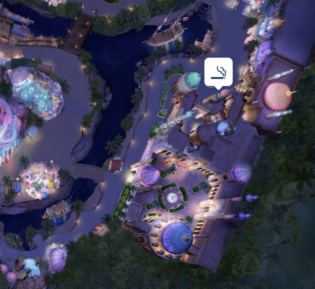 ディズニーシーのアラビアンコースト（アラジンのエリア）近くの喫煙所の場所