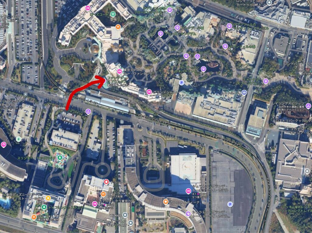 トイストーリーホテルからファンタジースプリングス・エントランスへの最短徒歩ルートの全行程をチェック