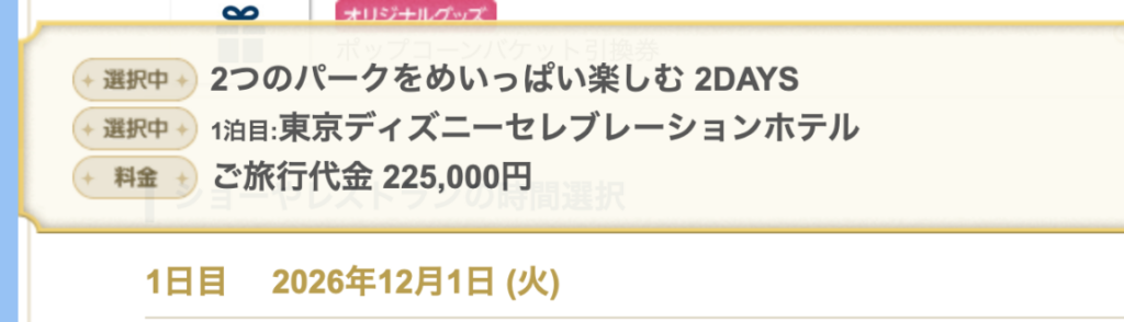 「2つのパークをめいっぱい楽しむ 2DAYS」を大人2人で利用した旅行代金225,000円の確認画面
