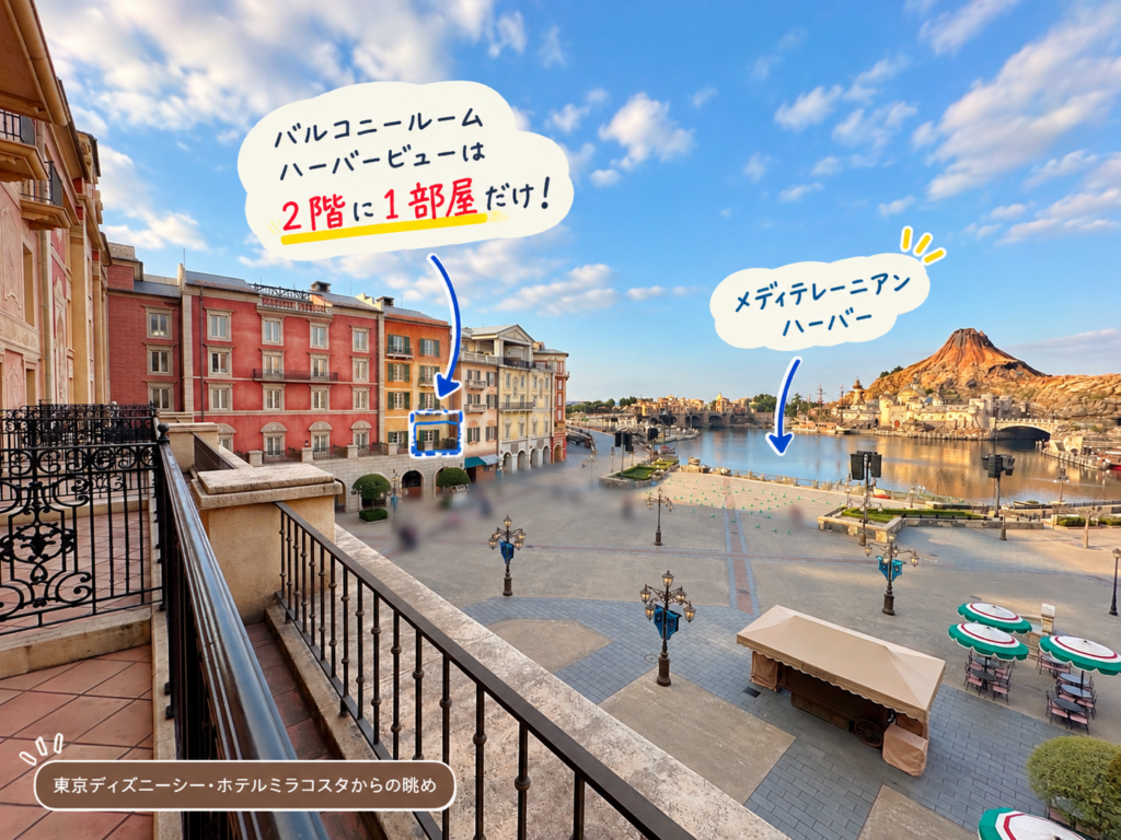ミラコスタのバルコニールーム(ハーバービュー)2階の1部屋とメディテレーニアンハーバーの位置