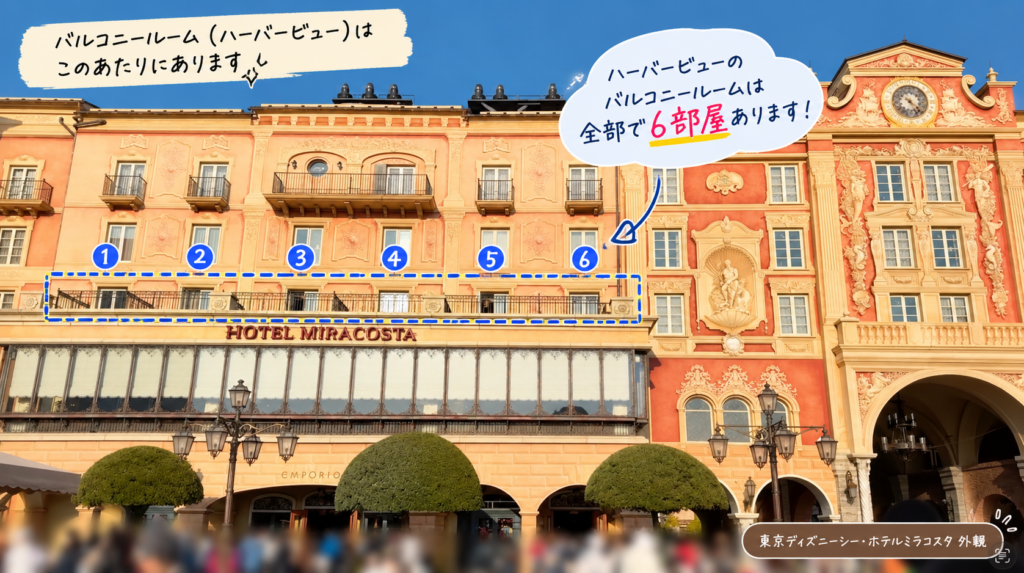 ミラコスタのバルコニールーム(ハーバービュー)3階にある6部屋の位置