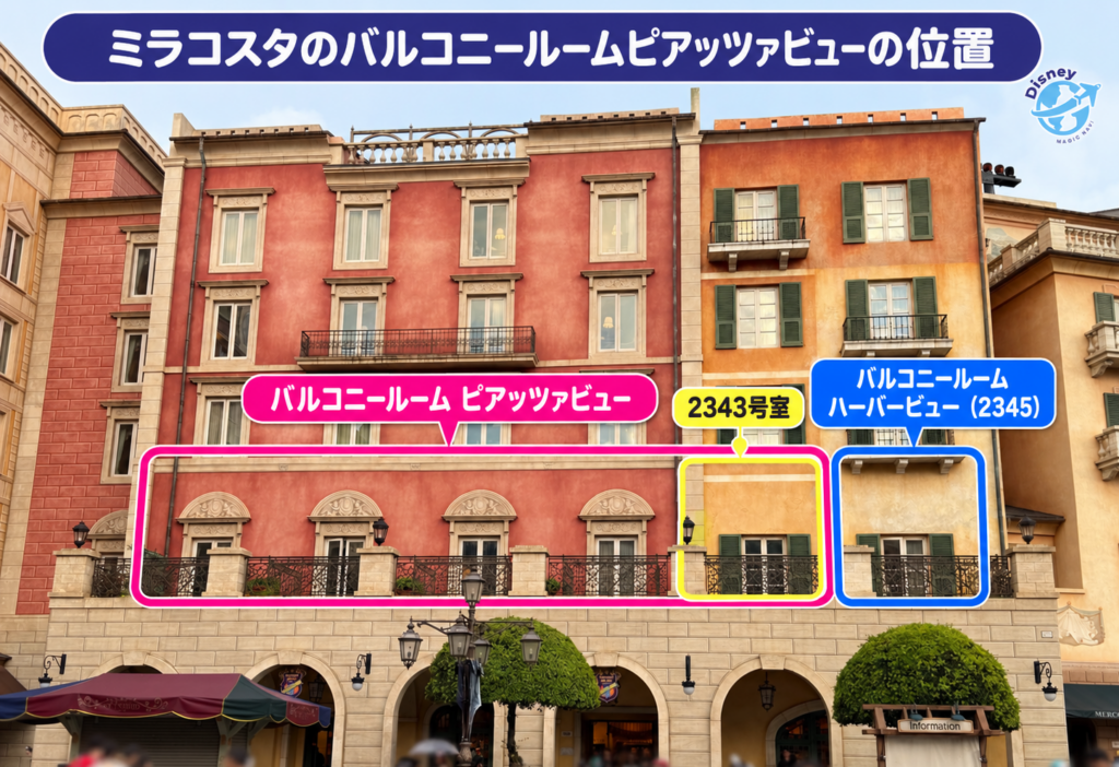 ホテルミラコスタの外観写真に、バルコニールームピアッツァビューとハーバービュー、宿泊した2343号室の位置を示した画像