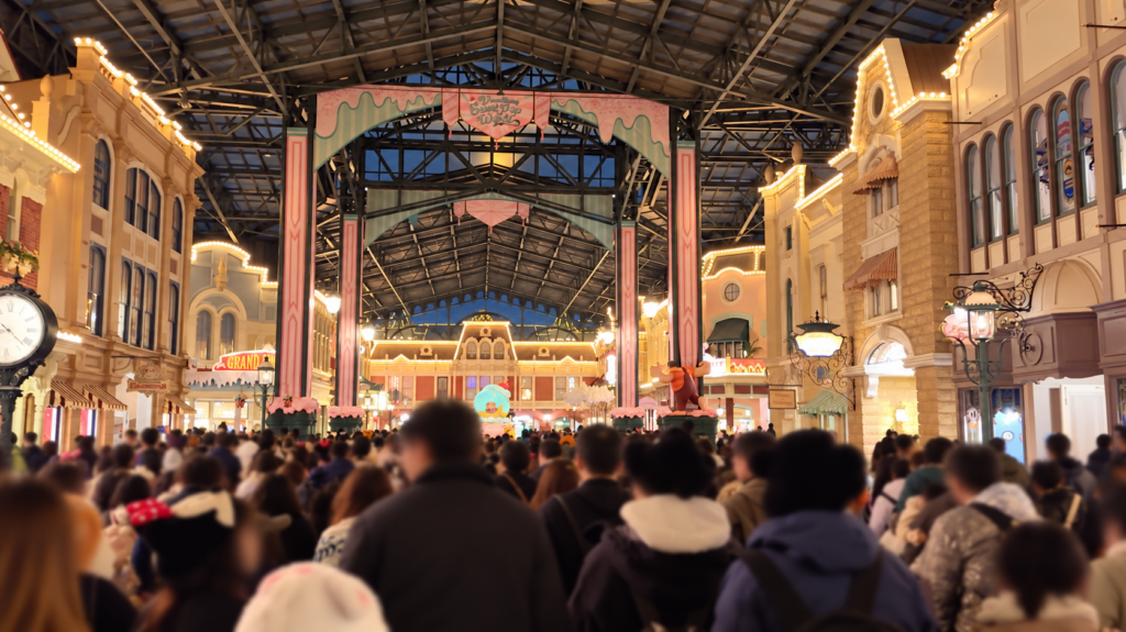 閉園時間帯の東京ディズニーランドのワールドバザールに多くのゲストさんが集まっている様子
