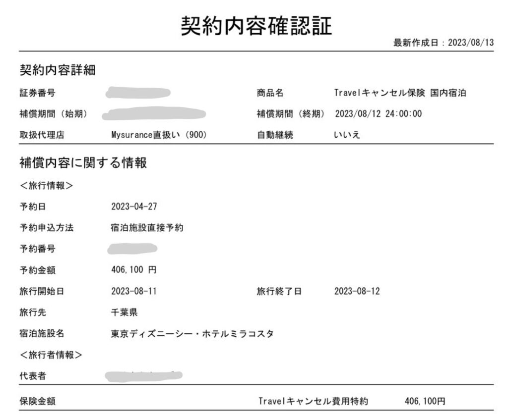 2023年に加入したTravelキャンセル保険の契約内容で保険金額406100円と保険料10400円を確認できる抜粋